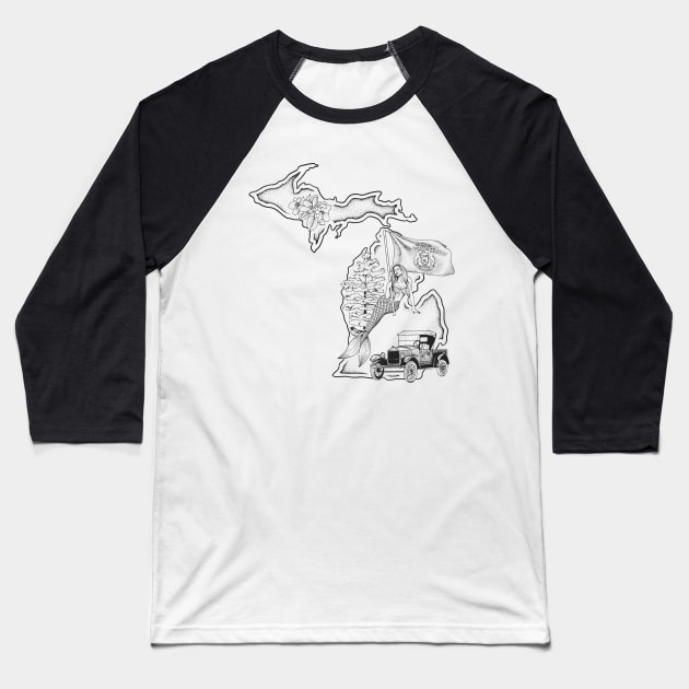 Michigan Mermaid Baseball T-Shirt by Elizabeth Weglein Art